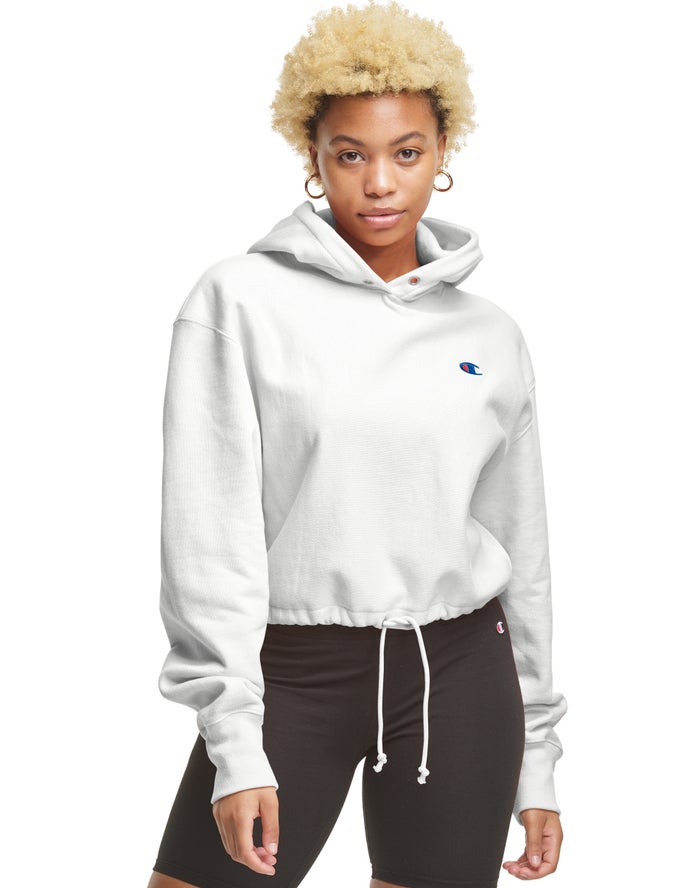 Champion Womens Hoodie NZ - Reverse Weave Cinch Bottom White ( 7269-ZNHGT )